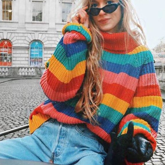 Tiara Sweaters - Vintage Turtle neck rainbow sweater by tiara